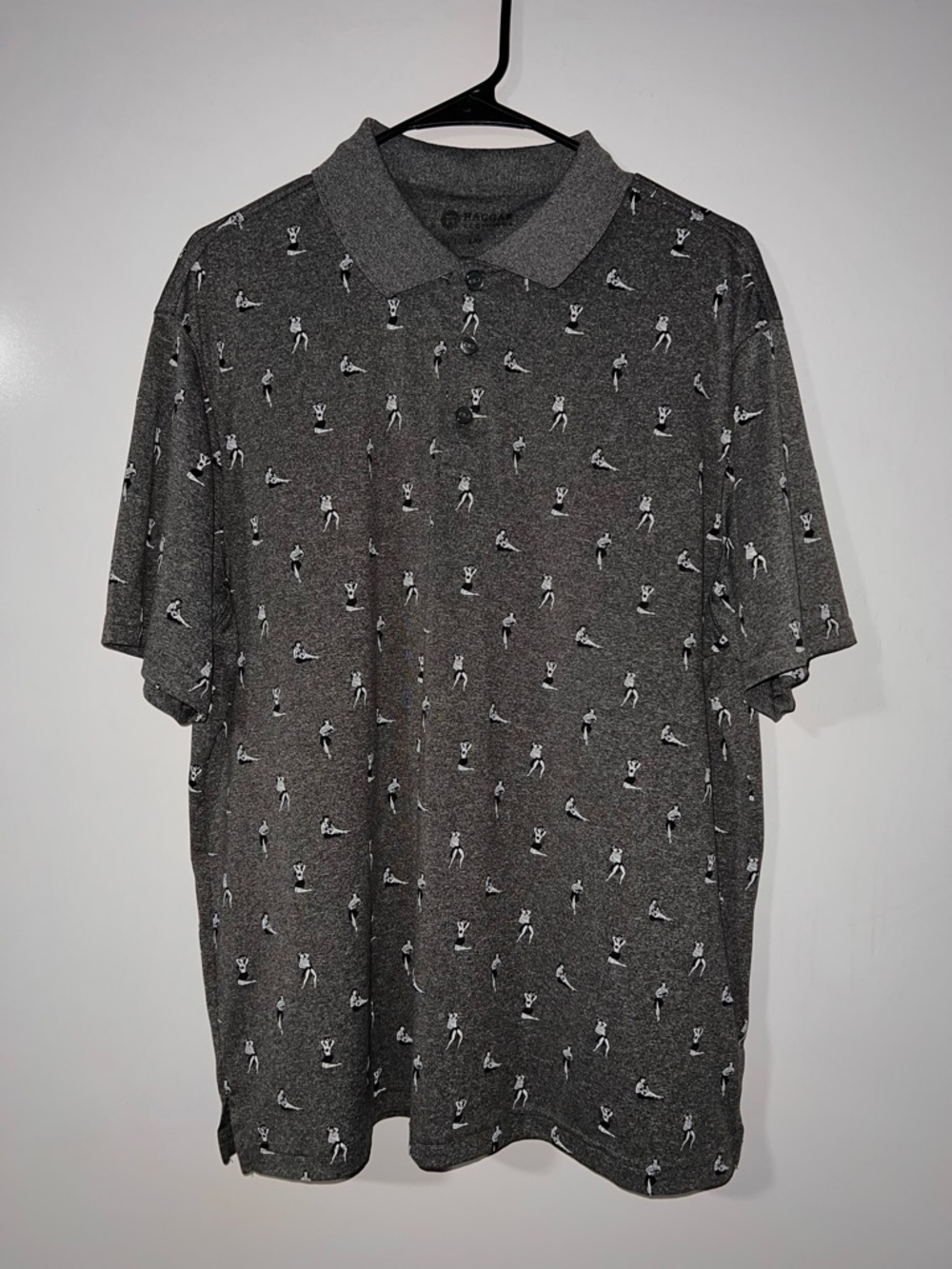 Haggar Men’s Polo Shirt, Lg., Short Sleeve, Pullover Knit Gray Hula Girl Print